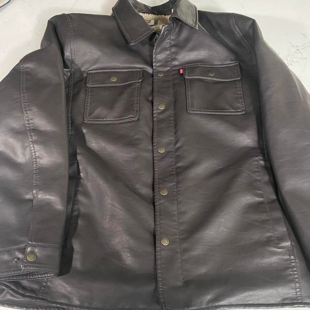 Levi's Faux Leather Sherpa Trucker Jacket  brown Lined Coat Mens Size Large